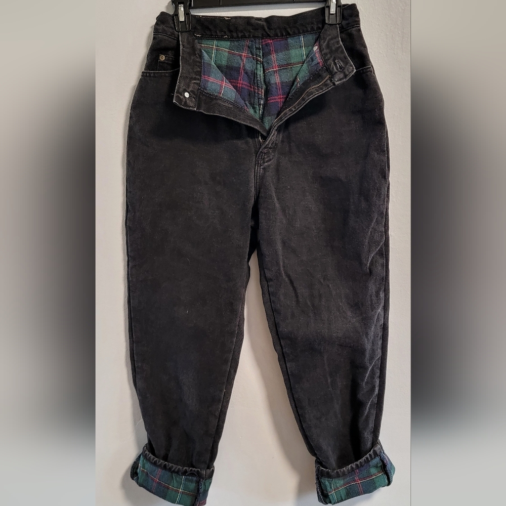 L.L. Bean Black Boyfriend Jeans with Plaid Detail